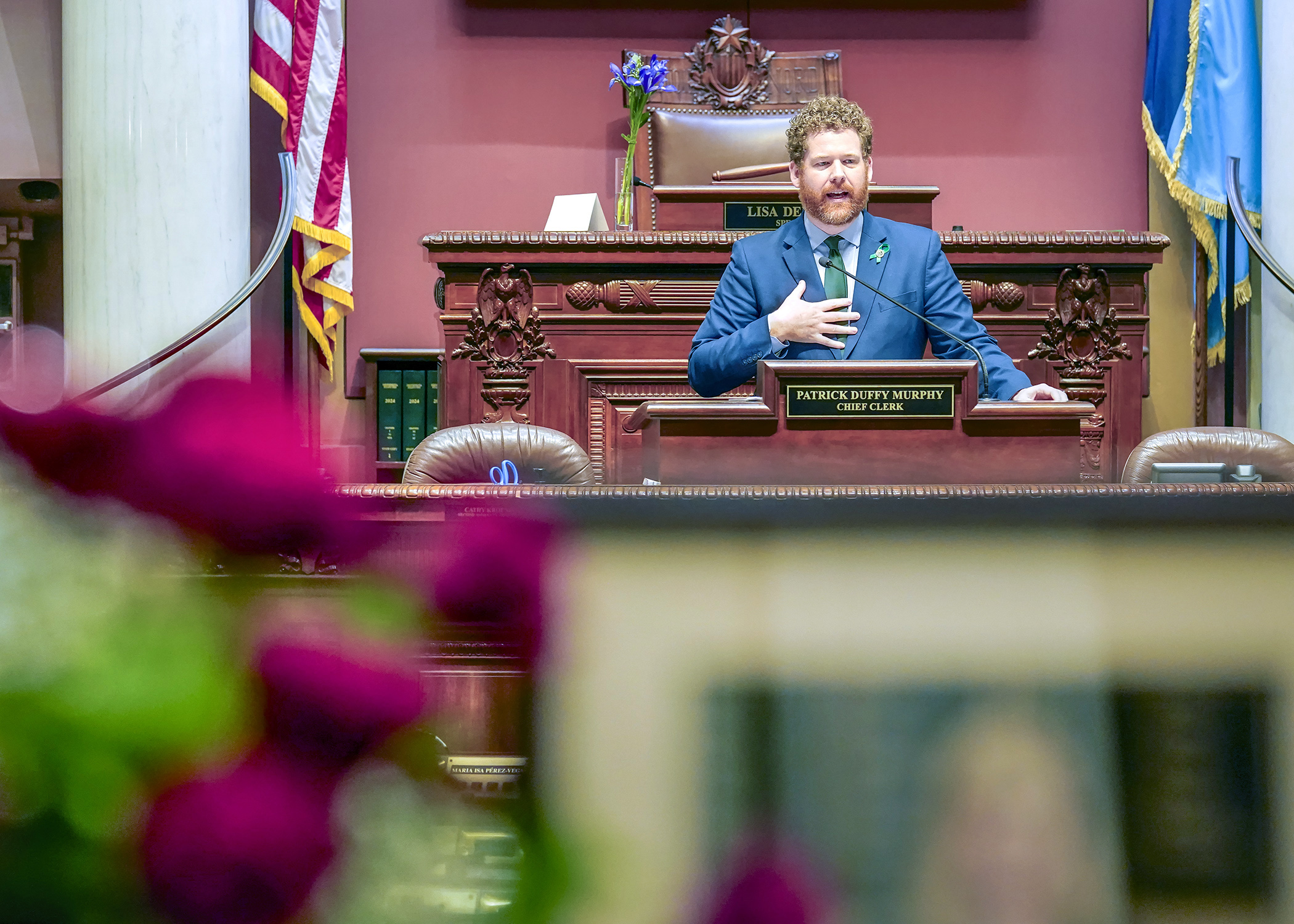House DFL Caucus Leader Zack Stephenson speaks during a Feb. 17 ceremony honoring the late Speaker Emerita Melissa Hortman. (Photo by Andrew VonBank)